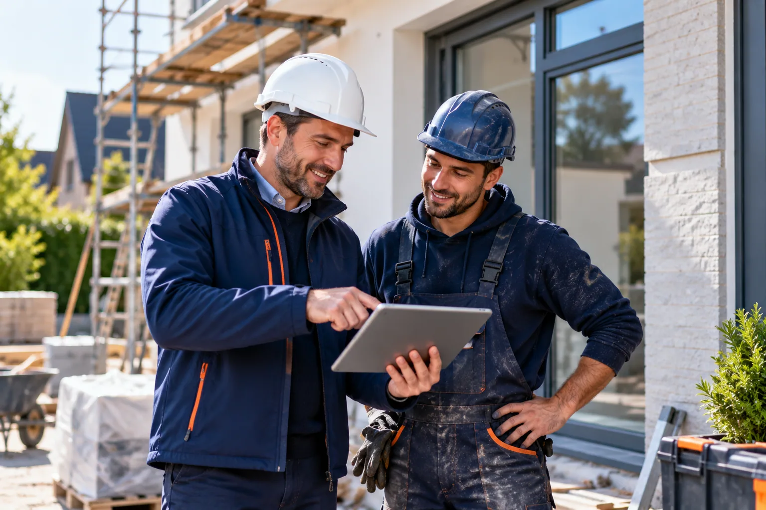 Bouwprofessionals overleggen op een renovatielocatie.