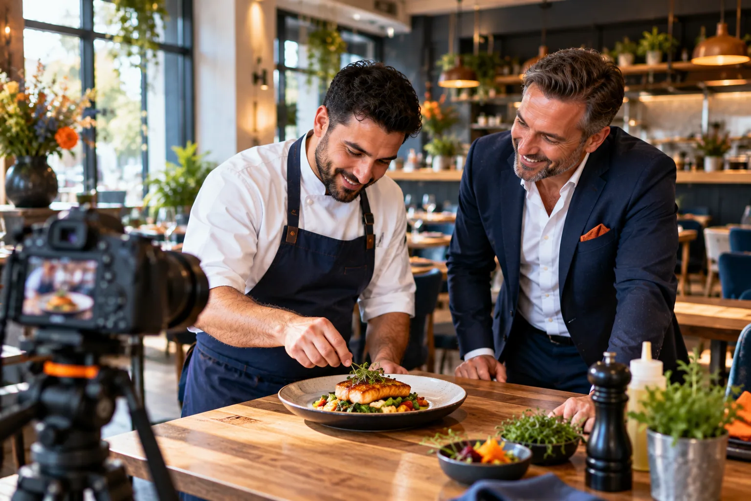 Restauranteigenaar en chef bereiden een contentfoto voor.