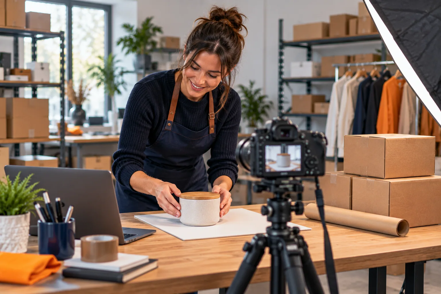 Webwinkelondernemer fotografeert een product.