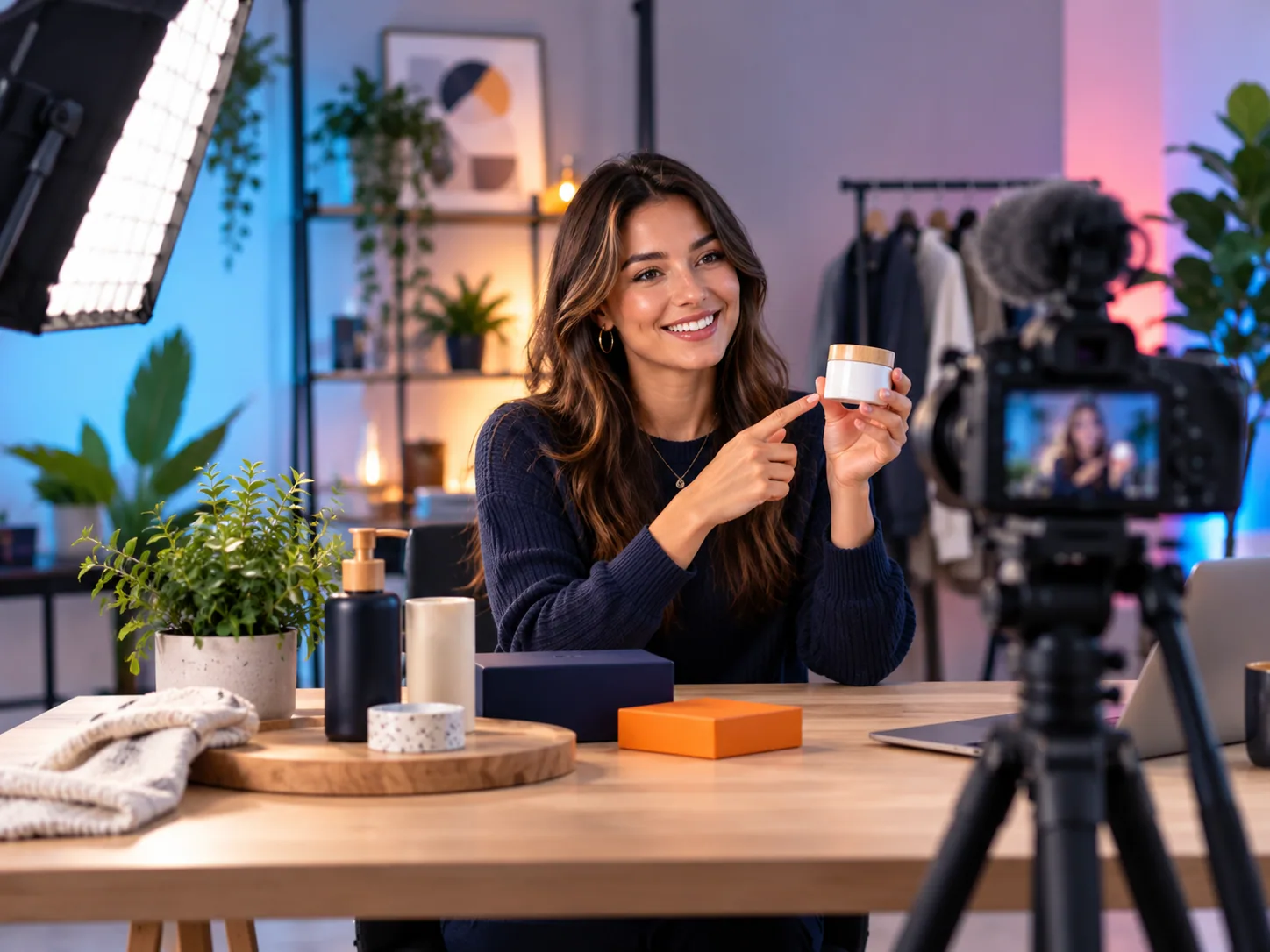 Contentproductie in een studio met camera en verlichting.