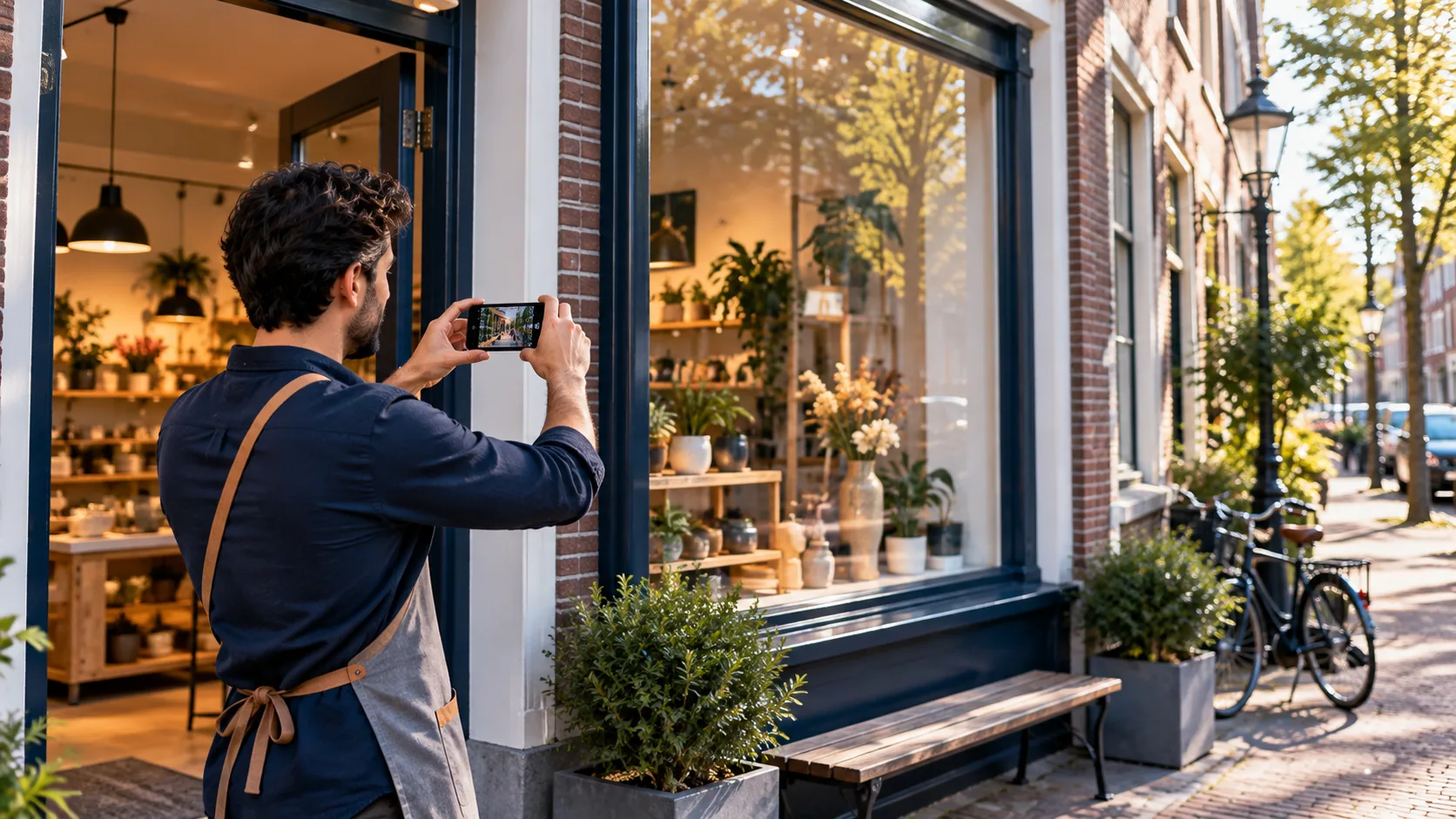 Ondernemer maakt content in een winkel in een Nederlandse straat.