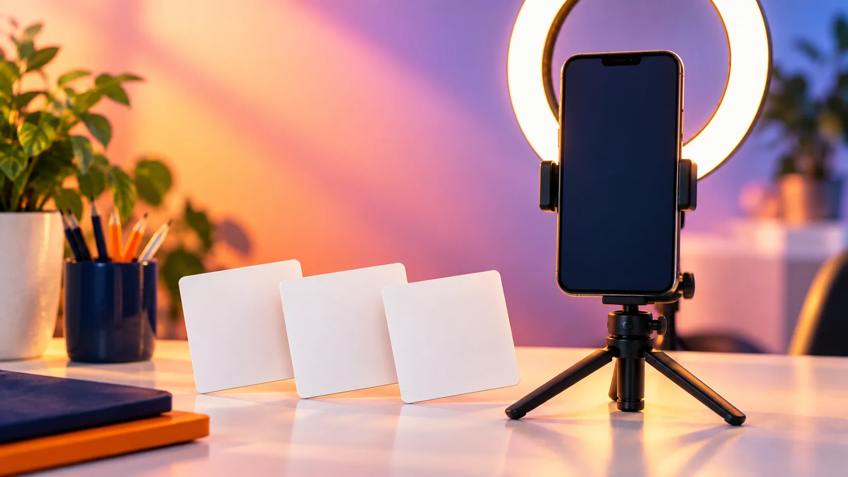 Telefoon op statief met ringlamp voor het maken van een reel.