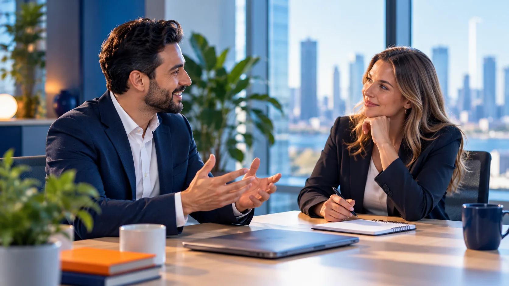 Zakelijk gesprek aan een vergadertafel in een licht kantoor.