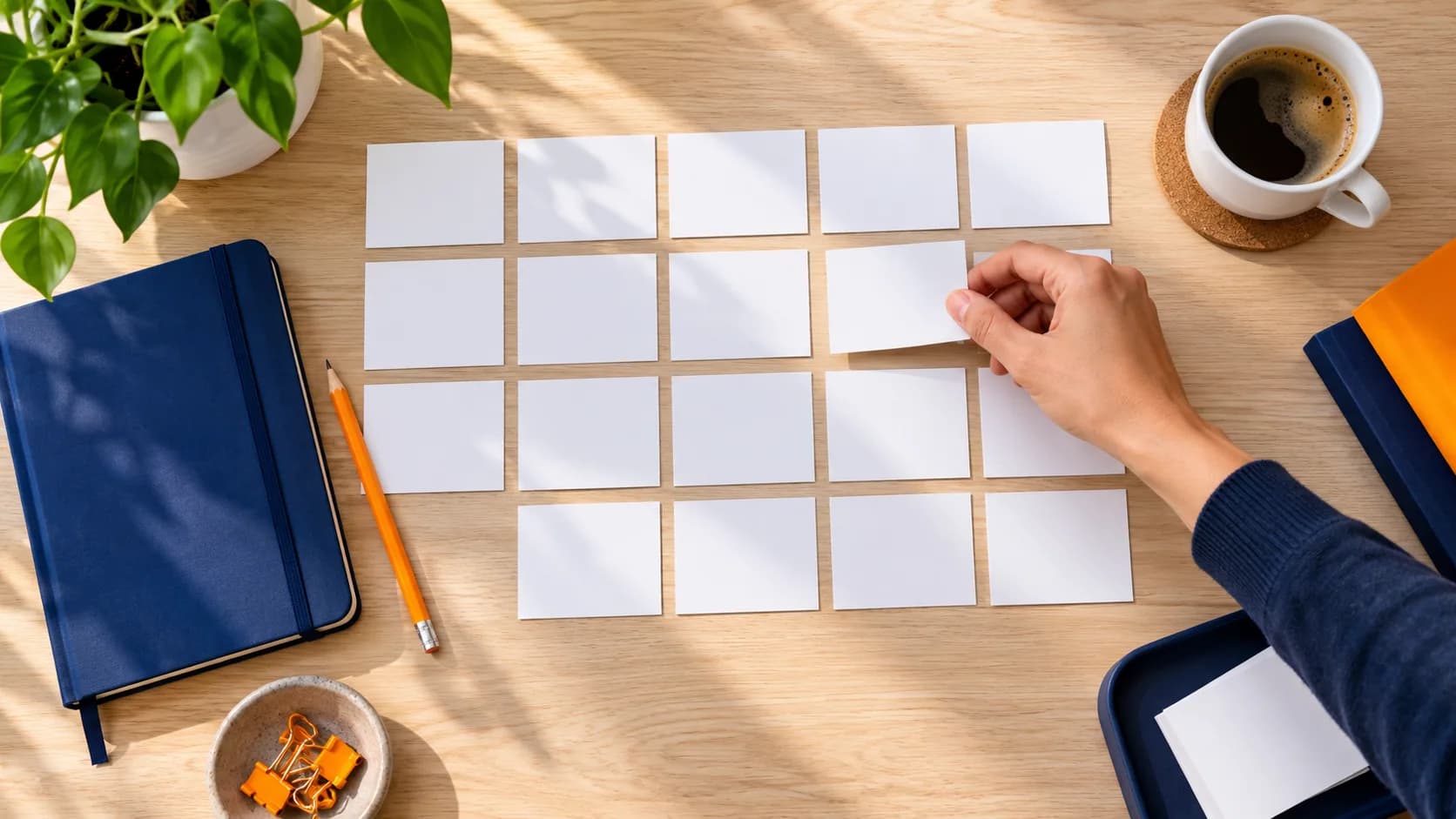 Maandplanning met blanco contentkaarten op een werktafel.