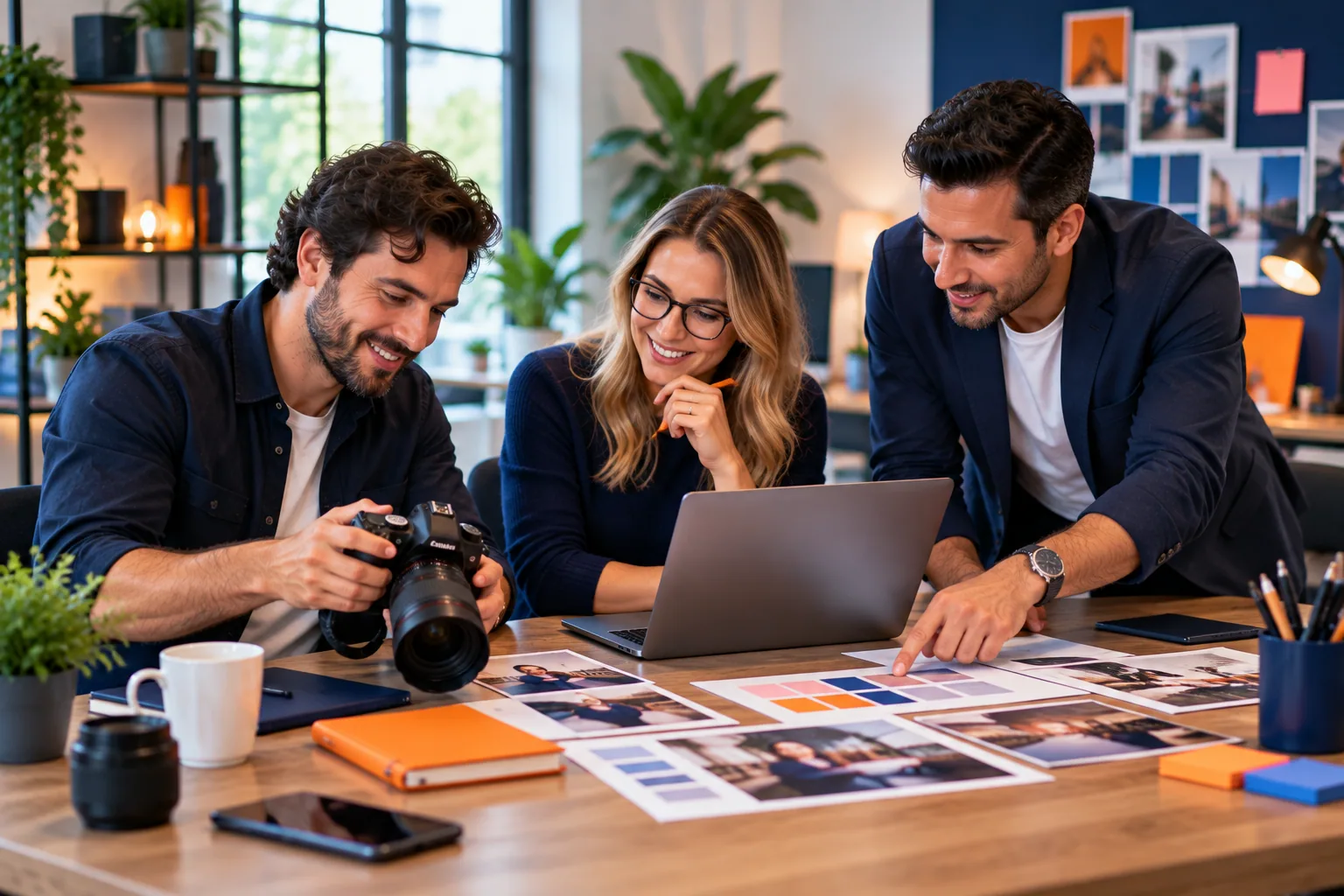 Professionals werken samen aan een marketingproject.